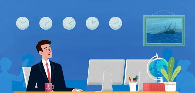 Illustration of a shipping professional at his workspace with multiple time zone clocks, computer monitors, a globe, and a maritime-themed mug.