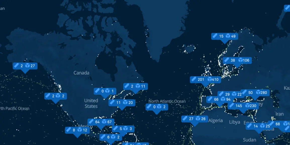 Interactive world map displaying real-time voyage data. The map shows various trade routes and indicators for vessel and cargo movements across regions including North America, Europe, and Asia.