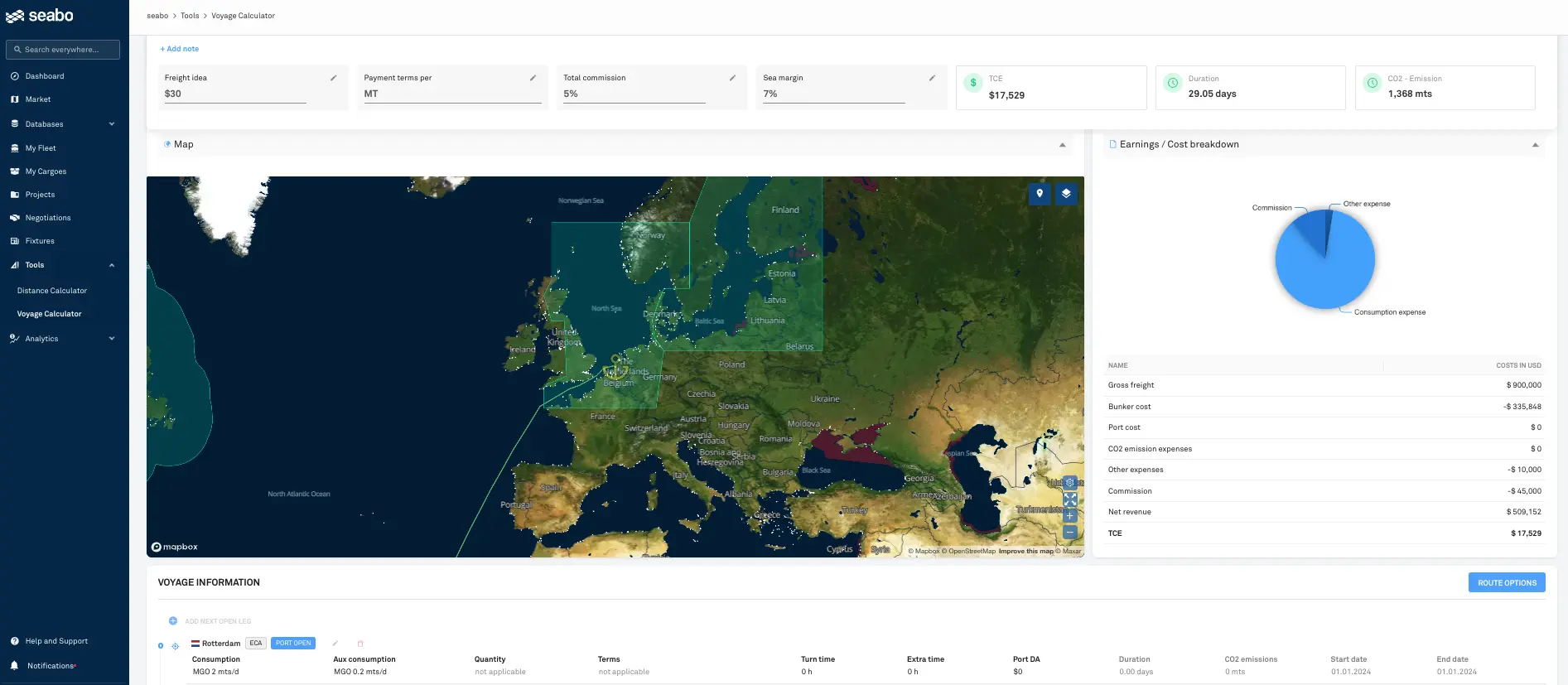 seabo Voyage Calculator interface showing route planning between European ports.